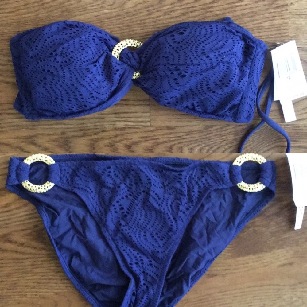 NWT Trina Turk Navy Crochet Bandeau Bikini 10/12